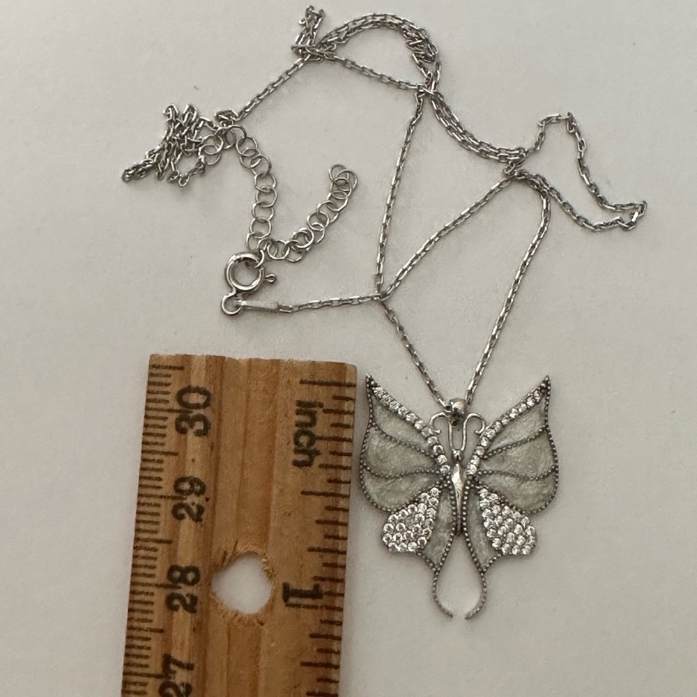925 silver white butterfly enamel necklace clear cubic zirconia cz stones - Picture 1 of 5